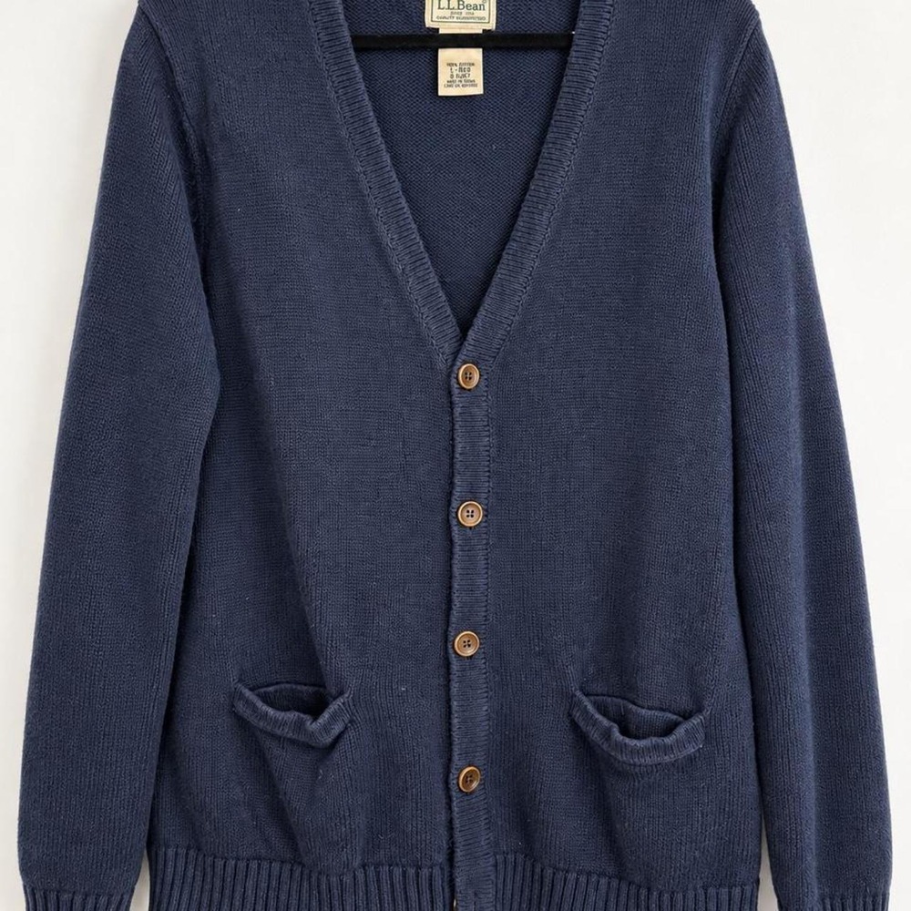 L.L.Bean Navy Heavyweight Cotton Cardigan • Large